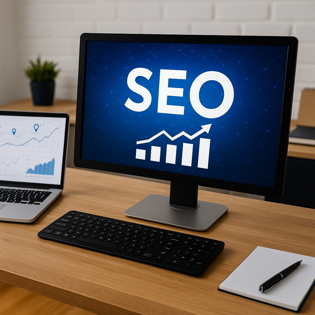 Modern SEO workspace with computer monitor showing SEO chart and servicing clients for Local SEO Page Rentals