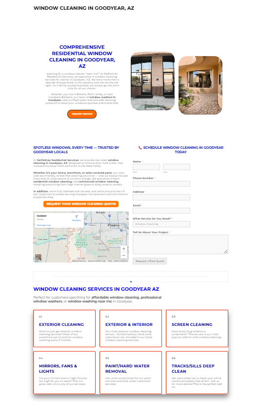 Responsive WordPress service page layout for Goodyear window cleaning